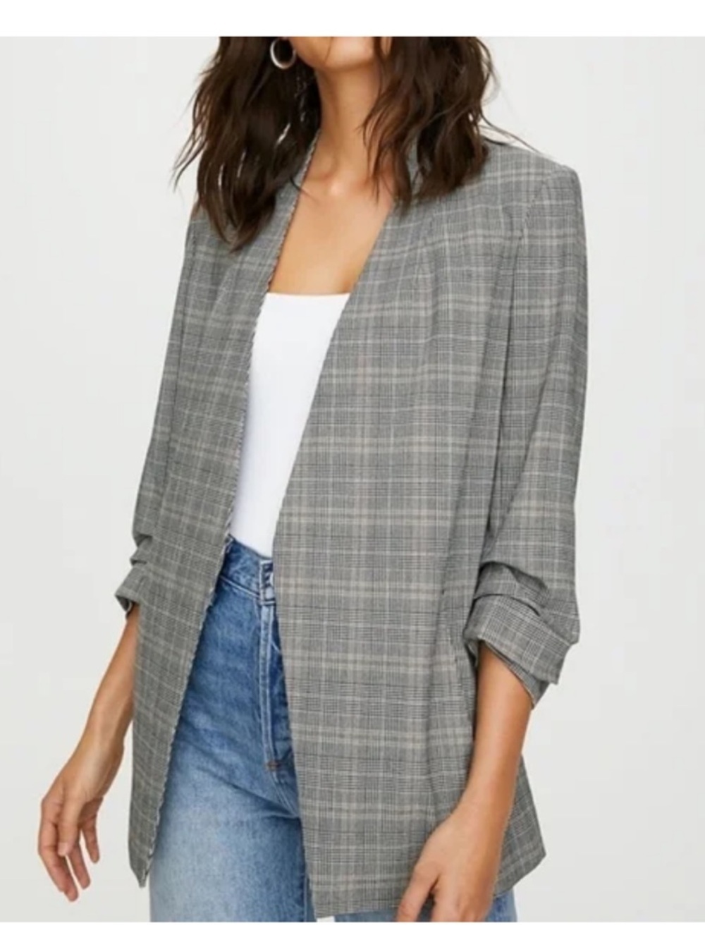 Aritzia Babaton Power Plaid Open Front Cinched Sleeve Blazer